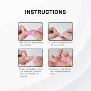 May include: A step-by-step guide for applying artificial nails. The image shows four steps: buffing nails, choosing a jelly sticker, selecting nails, and shaping edges. The text reads "INSTRUCTIONS" at the top.