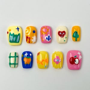 Colorful Cartoon Press On Nails｜Doodle Press On Nails｜Spring Hand Painted Nails｜Press on Nail Sets | Reusable Nails |  Acrylic Press ons