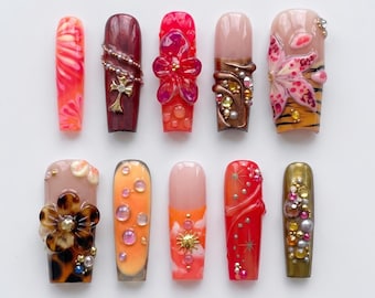 Red Amber Flower Press On Nails｜Tortoise Shell Gem Nail Art｜Jelly Rhinestone Designs｜Long Square Handmade Fake Nails Gift for Her Set