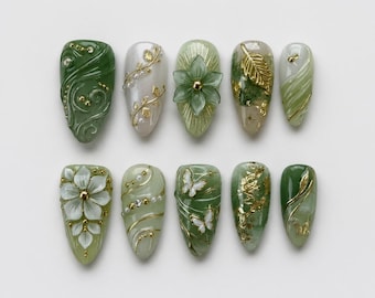 Soft Sage Botanical Press On Nails｜Jade Wing Leaf Nails｜Gold Foil Garden Design｜Long Almond Glue On Manicure Set｜Elegant Handmade Gift