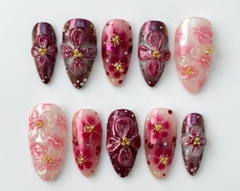 Pink and Burgundy Floral Press On Nails｜3D Flower Gold Accent Gel Nails｜Handmade Long Stiletto Nail Set｜Luxury Party Gift for Women