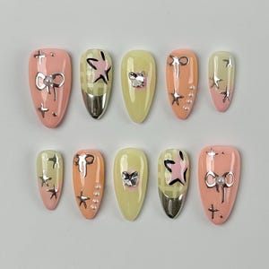 Cute Pink Press On Nails｜3D Star and Bow Nail Art｜Trendy Girl Nails｜Press on Nail Sets | Reusable Nails | Handmade Acrylic Press on Nails