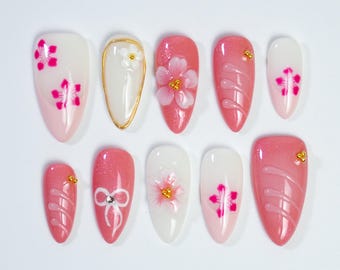 Cherry Blossom Press On Nails | Spring Pink Style | Almond Short Nails｜Press on Nail Sets | Reusable Nails | Handmade Acrylic Press on Nails
