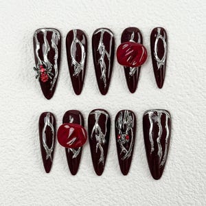 3D Halloween Press On Nails｜Vampire Long Nails | Red Horror Nail Art | Press on Nail Sets | Reusable Nails | Handmade Acrylic Fake Nails