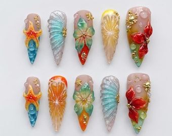 Faux ongles tropicaux à coller : Étoile de mer, Hibiscus, Tranche d'orange, Kit manucure plage