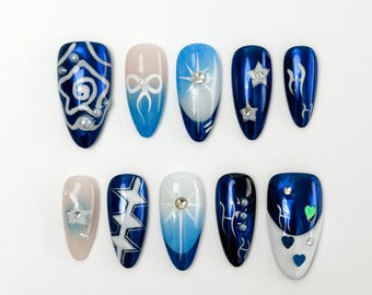 Galaxy Cosmic Press On Nails｜Dark Blue Press On Nails | Star Heart Design | Handmade Press Ons｜Acrylic Fake Nails | Reusable Nail Art