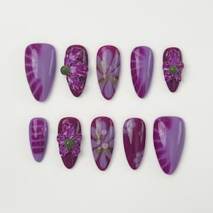 Purple Press On Nails | 3D Flower Nail Art | Romantic Gradient Nails | Press on Nail Sets | Reusable Nails | Handmade Acrylic Fake Nails