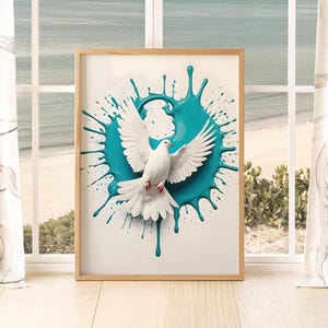 Blue Splash Dove Wall Art Printable – Modern Peace Bird Poster, White Dove Digital Download, Minimalist Animal Art Print