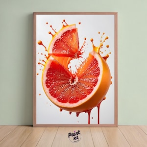 Grapefruit Juice Splash Wall Art / Wydruk z cytrusami / Żywy wystrój kuchni / Plakat z różowym grejpfrutem / Pobieranie cyfrowe / Sztuka pomarańczowa