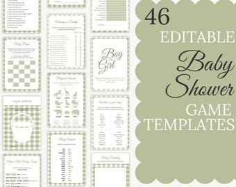 Sage Green Gingham Baby Shower Games Bundle: Editable Template (Digital Download) CO810