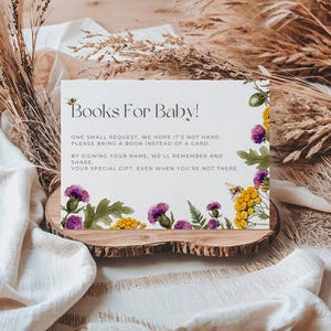 Verzoekkaart met themaboeken bij en distel voor baby. Bloemen mama-to-be babyshower | Thema honingbij en wilde bloem | CO800