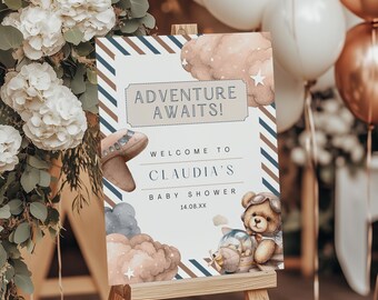 Adventure Awaits Baby Shower Sign To Welcome Your Guests, Gender Neutral Bear Baby Shower, Editable Template, Travel Baby Shower Sign, CO112