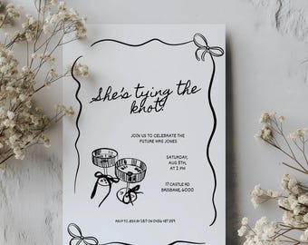 Editable Bow Coquette Bridal Shower Invitation Template, Hand Drawn Scribble She&#39;s Tying the Knot Invite, Elegant Bridal Shower Invite