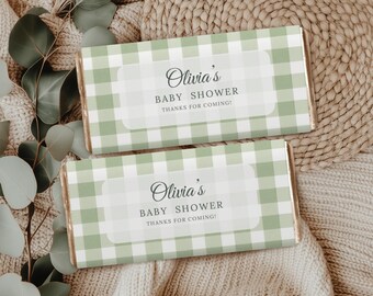 Sage Green Gingham Chocolate Bar Wrapper Template: Preppy Baby Shower (Canva Editable) CO810