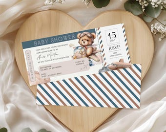Boarding Pass Baby Shower Invitation, Adventure Awaits, Gender Neutral Bear Baby Shower, Editable Template, Travel Baby Shower, Printable