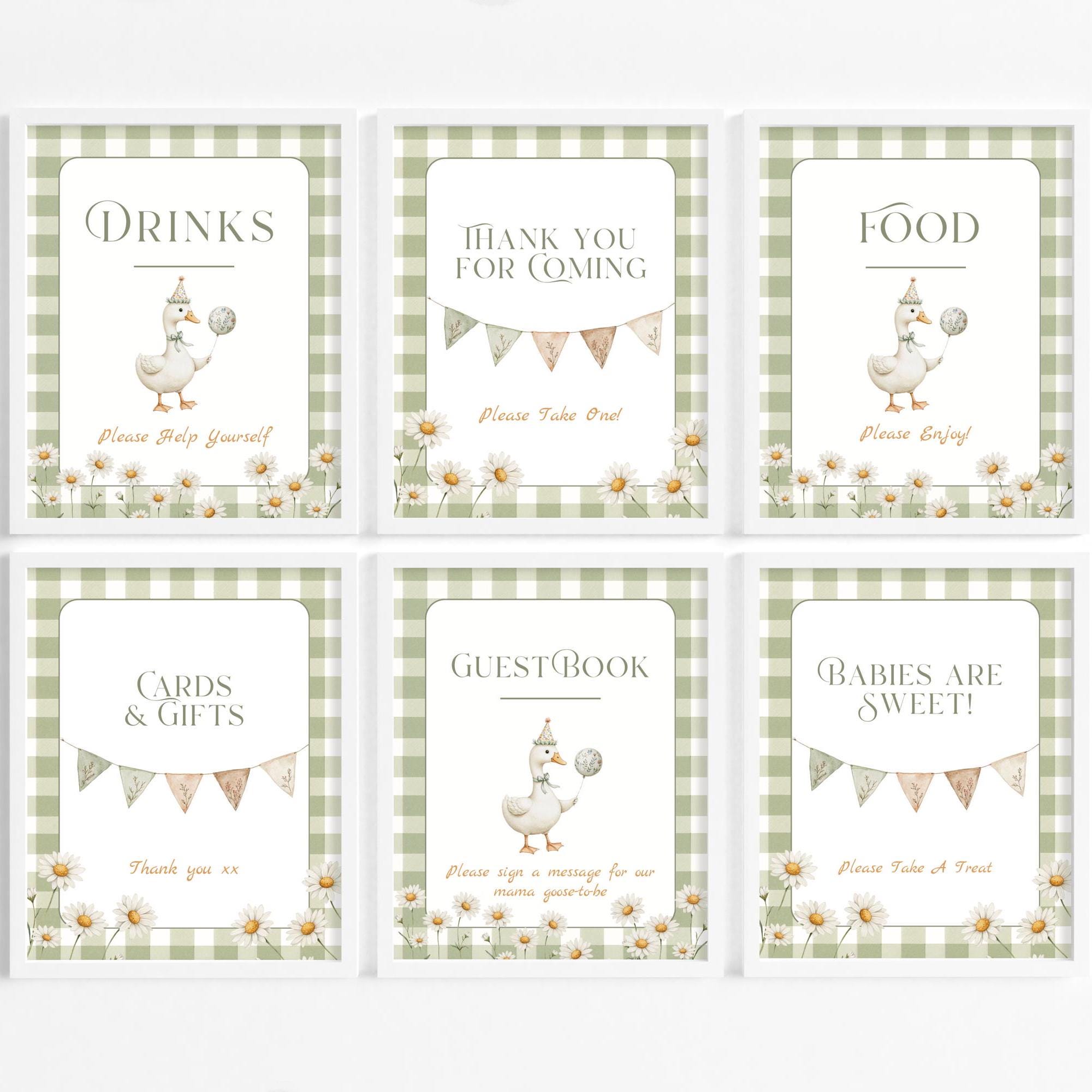 Gender Neutral Gingham Goose Baby Shower Sign Bundle For A Silly Little Goose Theme, Instant Download Invite | CO830