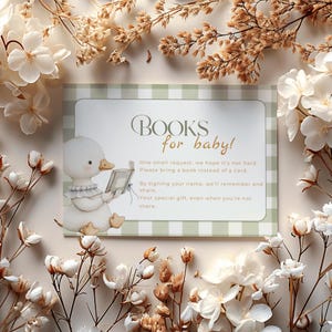 Carte de Demande de Livres pour baby shower Vichy Goose non sexiste | à insérer dans la bibliothèque de bébé | Invitation téléchargement instantané | CO830