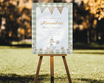 Gender Neutral Gingham Goose Baby Shower Welcome Sign, One Silly Little Goose Arrival Poster, Instant Download Invite | CO830