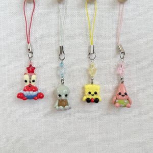 Sponge Starfish Squid and Krab Polymer Clay Phone Charms