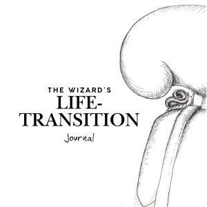 May include: A black and white sketch featuring a snail on a curved form. The text reads "THE WIZARD'S LIFE-TRANSITION Journal" in a bold, serif font. The image has a hand-drawn, artistic quality.