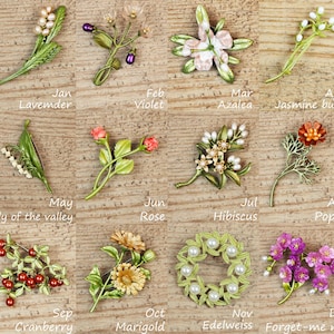 Birth Month Flower Brooch, Birthday Flower Brooch, Personalized Birth Flower Pins,  Funeral Gift, Sympathy Gift, Memorial Gift, Floral Pins