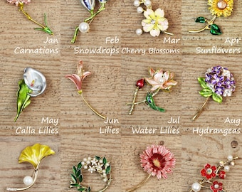 Broche de flor, Broche de flor de aniversário, Broches personalizados com flor de nascimento, Broche vintage, Broche de casamento, Presente de aniversário para ela/mãe, Broche floral