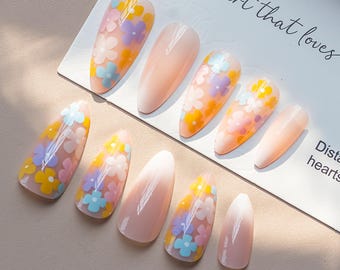 24 peças de unhas de primavera, unhas de casamento, arte de unhas com flores simples, unhas postiças florais feitas à mão, unhas postiças para aniversário, unhas de feriado, presente para ela