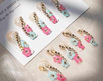 24 peças de unhas de casamento, unhas decoradas com flores, unhas de primavera, unhas postiças, unhas postiças com diamantes, unhas postiças para aniversário, unhas para festas, presente para ela