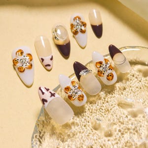Press On Nails, Cheetah Leopard Print Nails, 3D Nails, Acrylic Nails, Floral Nails, Fake Nail for Birthday, Holiday Nail, Gift for Her