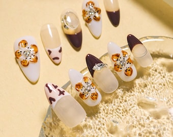 Unhas postiças, unhas com estampa de leopardo e chita, unhas 3D, unhas de acrílico, unhas florais, unhas postiças para aniversário, unhas para festas, presente para ela