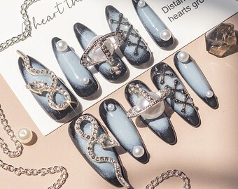 Unhas postiças escuras, unhas postiças em formato de cobra 3D, unhas postiças artesanais resistentes, unhas postiças peroladas, presente para ela