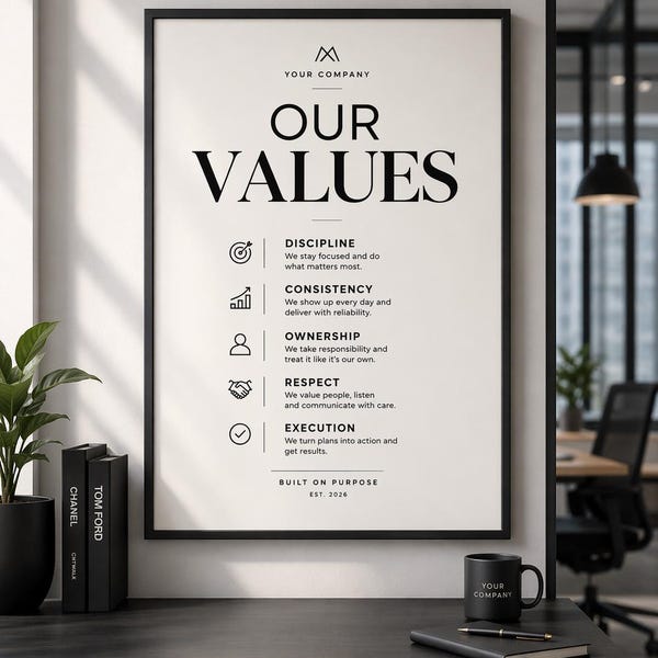 Custom Company Values Poster, Minimalist Office Wall Art, Team Culture Print