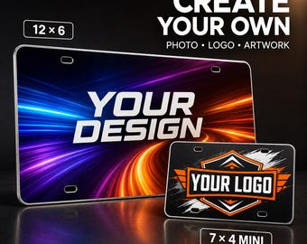 Gepersonaliseerde aluminium kentekenplaat, 12x6 inch, met foto en logo.