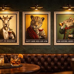 Vintage Tier Bar Poster Set, Retro Pub Wandkunst, Giraffe Leopard Maus Dekor