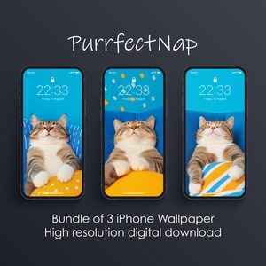 May include: A set of three iPhone wallpapers featuring a cat sleeping on a blue and white striped background. The wallpapers feature different designs with the time displayed on the screen. The text "Purrfect Nap" is displayed at the top of the image.