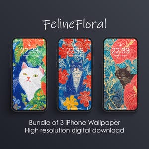 May include: Three iPhone wallpapers featuring a blue, white, and black cat with floral patterns in shades of red, yellow, blue, and green. The text "Feline Floral" is at the top of the image.