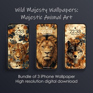 May include: A bundle of three iPhone wallpapers featuring a lion, a wolf, and a leopard. Each wallpaper has a digital clock with the time 22:33 and the date Friday, 10 August. The background of each wallpaper is a brown and gold color with a floral pattern.
