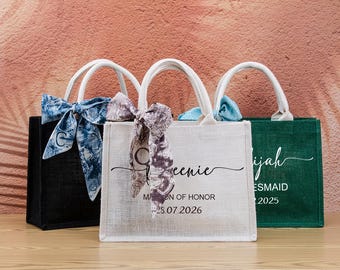 Personalized Bridesmaid Burlap Tote Bags, Jute Monogram Beach Tote Bags with Name Scarf, Bachelorette Party, Bridesmaid Proposal
