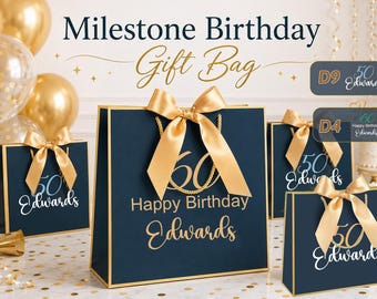 Milestone Birthday Gift Bag With Custom Name Age, Dark Teal Paper Gift Bag, Adult 30th 40th 50th Birthday Bag