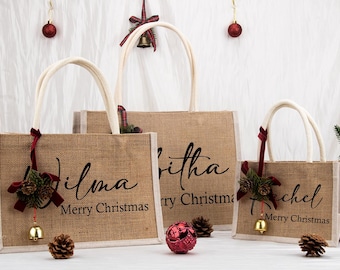 Custom Burlap Christmas Gift Bag with Bell Charm