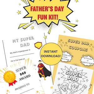 Kit para impressão do Super Pai para o Dia dos Pais – Página para colorir, cupons, certificado e folha com tudo sobre o pai – Presente para download instantâneo das crianças