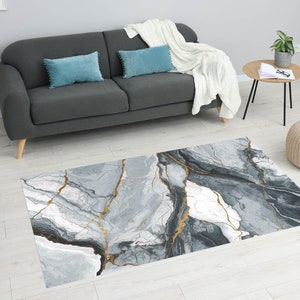 Custom Gray Marble Area Rug with Gold Veins, Round Abstract Large Washable Rug, Black White Gold Small Rug for Living Room, Bedroom, Floor