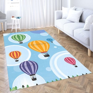 Hot Air Balloon Colorful Kids Rug – Washable Blue Sky Nursery, Playroom – Round & Personalized Option