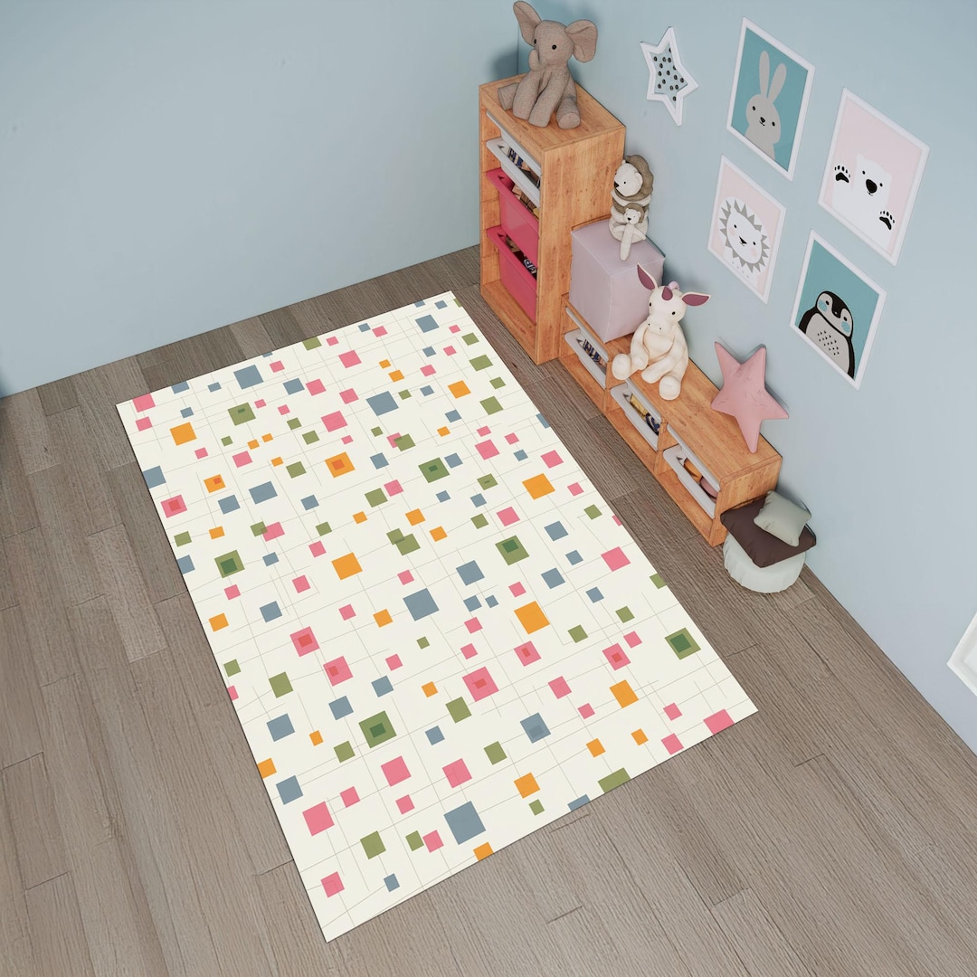 Geometric Colorful Kids Rug – Modern Washable Abstract Nursery and ...