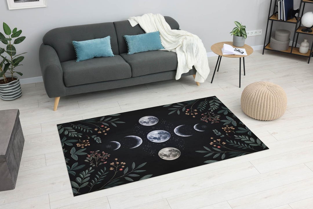 Moon Face Rug Celestial Moon Phase Rug: Black Cotton, Green Botanical Boho Decor - Etsy