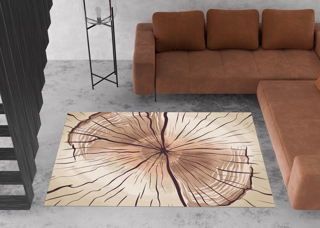 Round Tree Ring Rug Brown Beige Tree Ring Area Rug – Washable Wood Slice Nature – Round ...