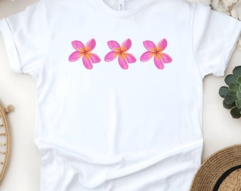 Hawaiian Flowers Unisex Tee, Bright Pink Floral T-Shirt for Travelers, Great Gift for Her, Vacation Shirt, Island Theme Top