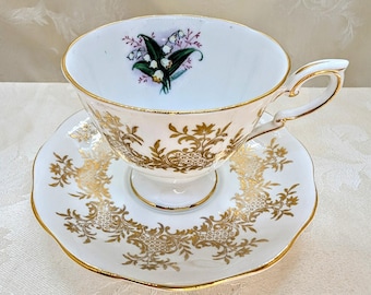 Taza de té y platillo Royal Standard Lily of the Valley Heavy Gold Lace de porcelana inglesa