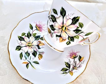 Juego de taza de té y platillo Royal Vale Clematis Floral, porcelana inglesa vintage, color rosa