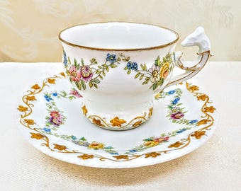 Juego de taza y platillo Demitasse, raro, T&V Francia, antiguo, guirnalda floral, pan de oro, porcelana de Limoges pintada a mano